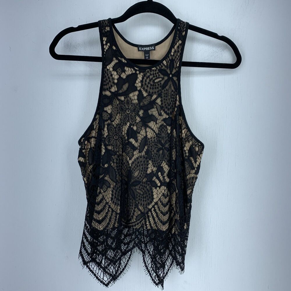 Express‎ Womens Small Tank Cami Top Whimsy Goth Floral Lace Boho Festival Black